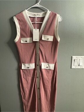 Grace Karin Rose Pink Sleeveless Button-Front Ribbed Midi Dress with White Trim